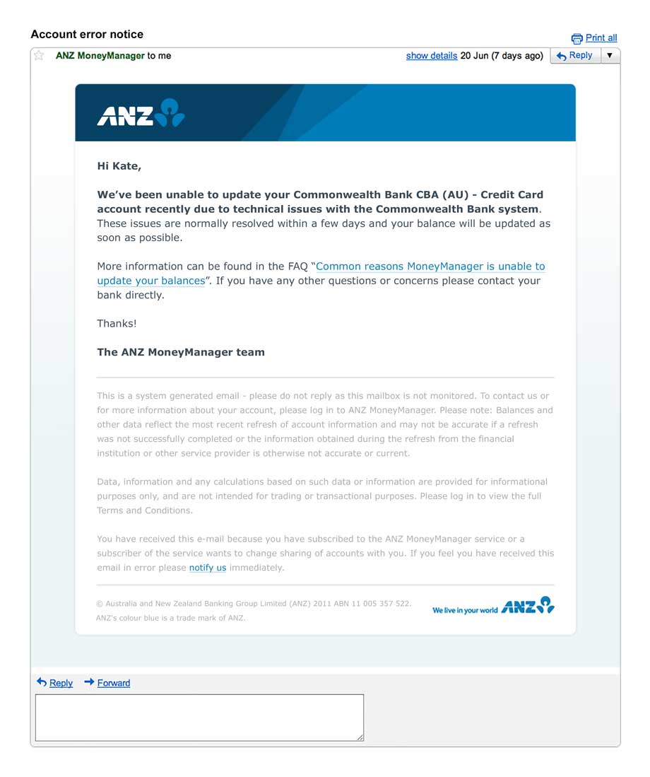 An 'account error' alert email for ANZ MoneyManager