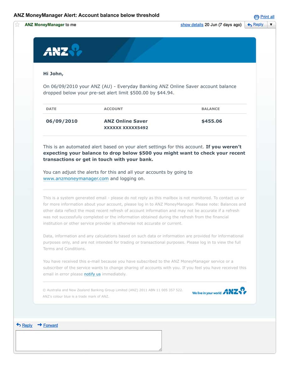 A 'limit exceeded' alert email for ANZ MoneyManager