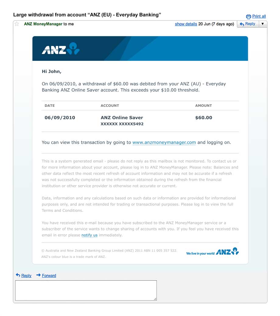 A 'large withdrawal' alert email for ANZ MoneyManager