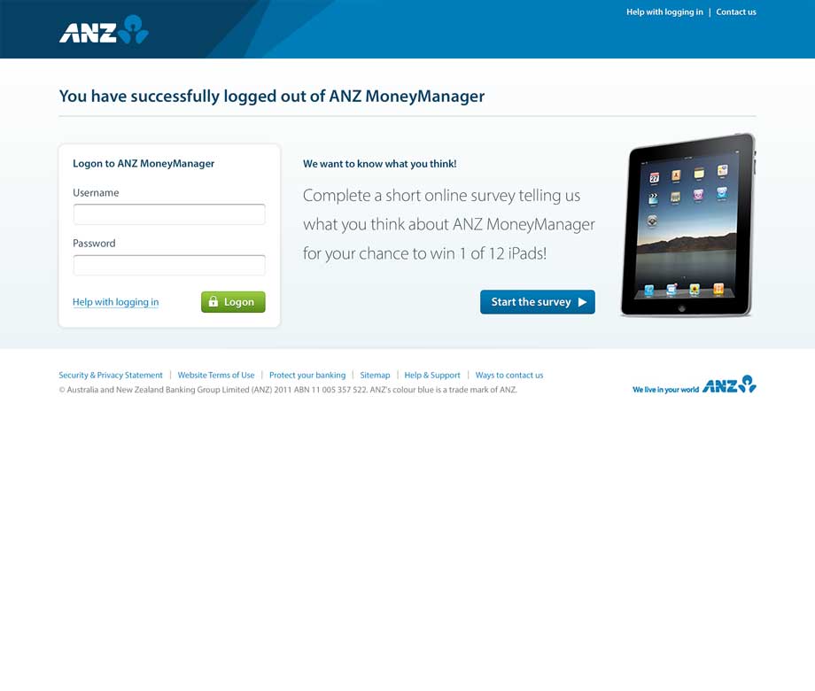 A logout screen for ANZ MoneyManager