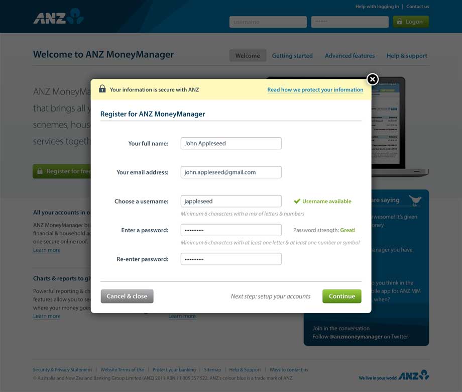 A registration overlay for ANZ MoneyManager